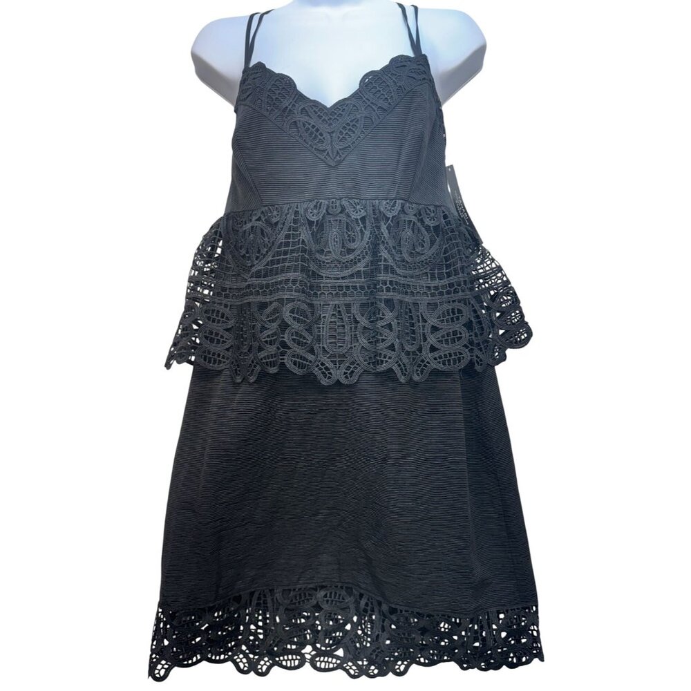 Tahari Arthur S. Levine Women Lace Peplum Strappy Mini Dress Sz 8 Black Cocktail